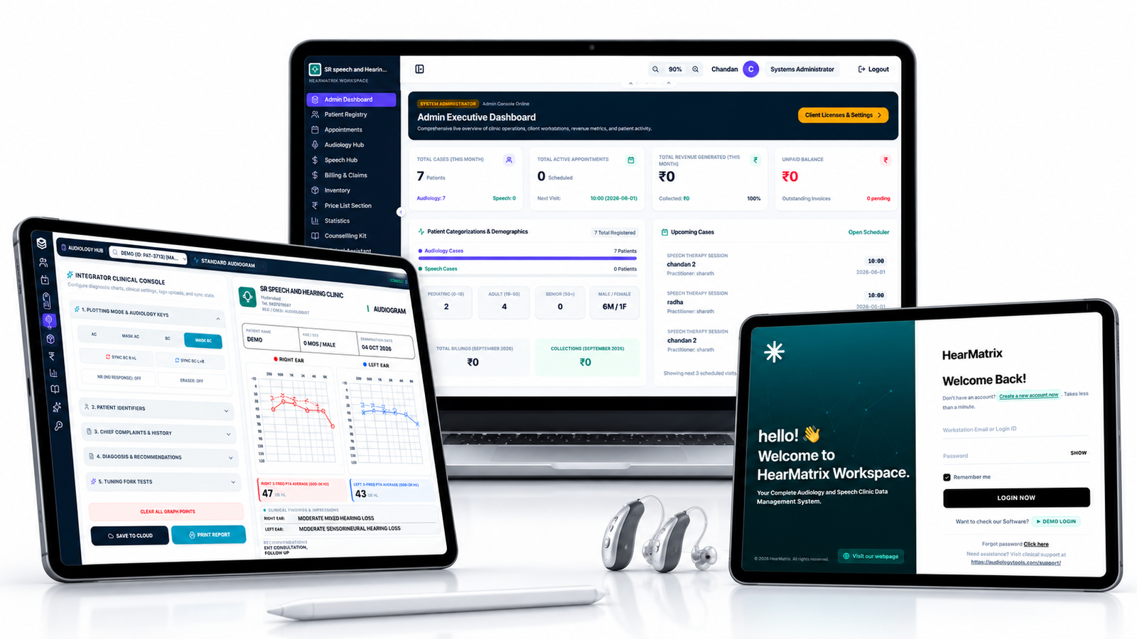 HearMatrix Workspace audiology and speech clinic management software shown on laptop, tablet and phone dashboards